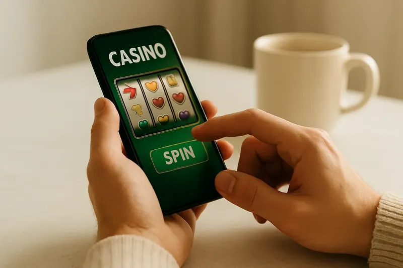 Man tapping mobile casino interface on phone at marble desk