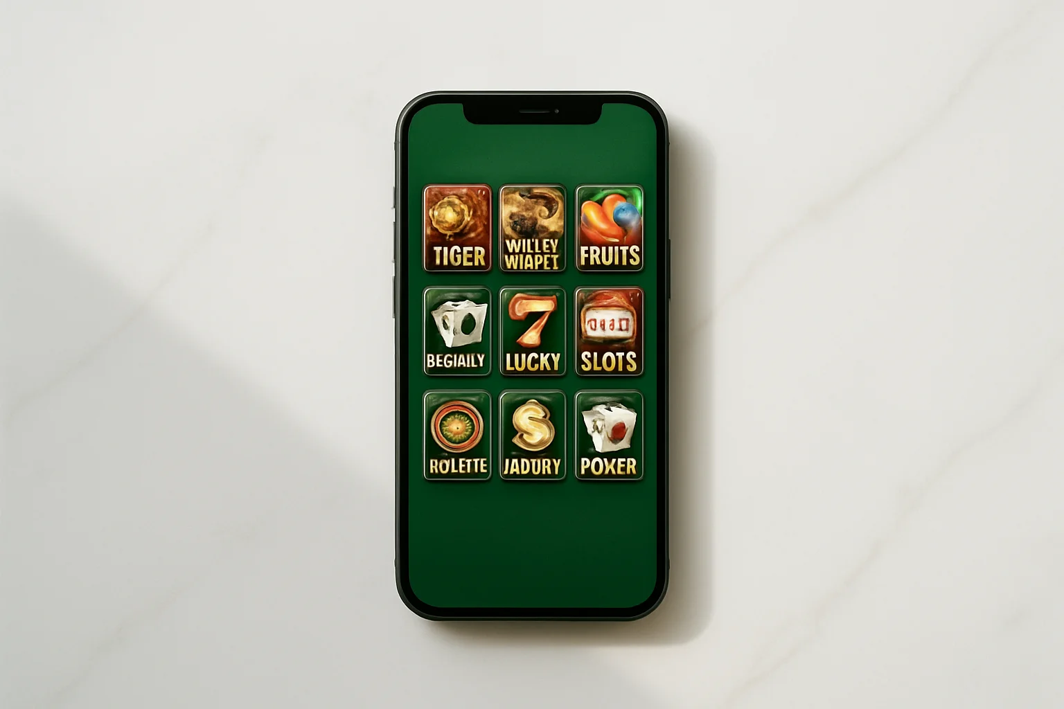 Casino App Smartphone Smartphone on white marble showing bright casino game selection grid