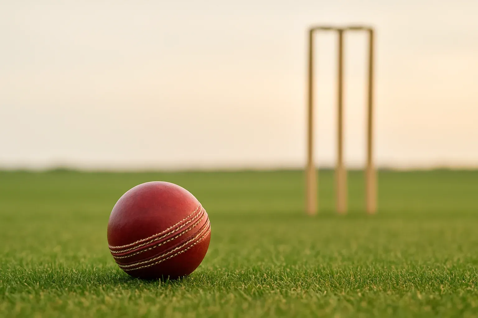 Cricket Ball At Dusk Red cricket ball on mown grass with stumps at dusk