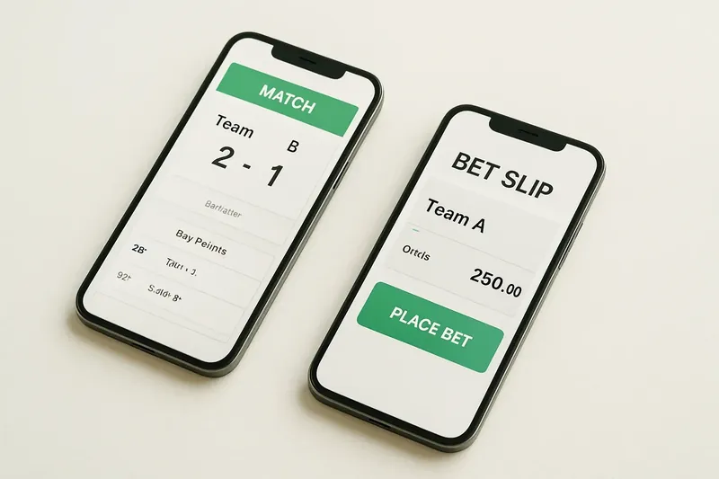 Two smartphones showing match dashboard and bet slip on cream surface