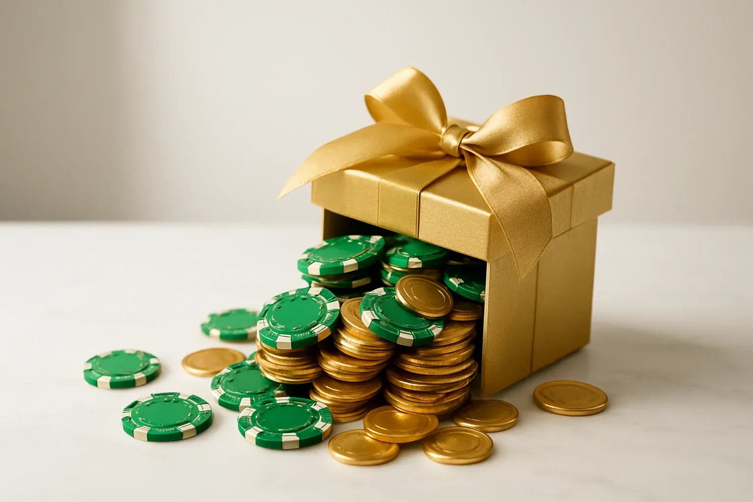 Golden Casino Bonus Golden gift box overflowing with poker chips and gold coins