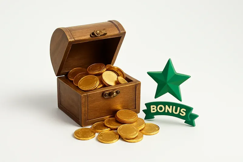 Open treasure box with gold coins, star badge, and bonus ribbon