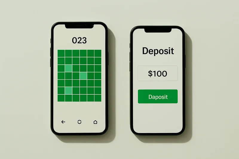 Two smartphones on cream background showing game grid and deposit screen