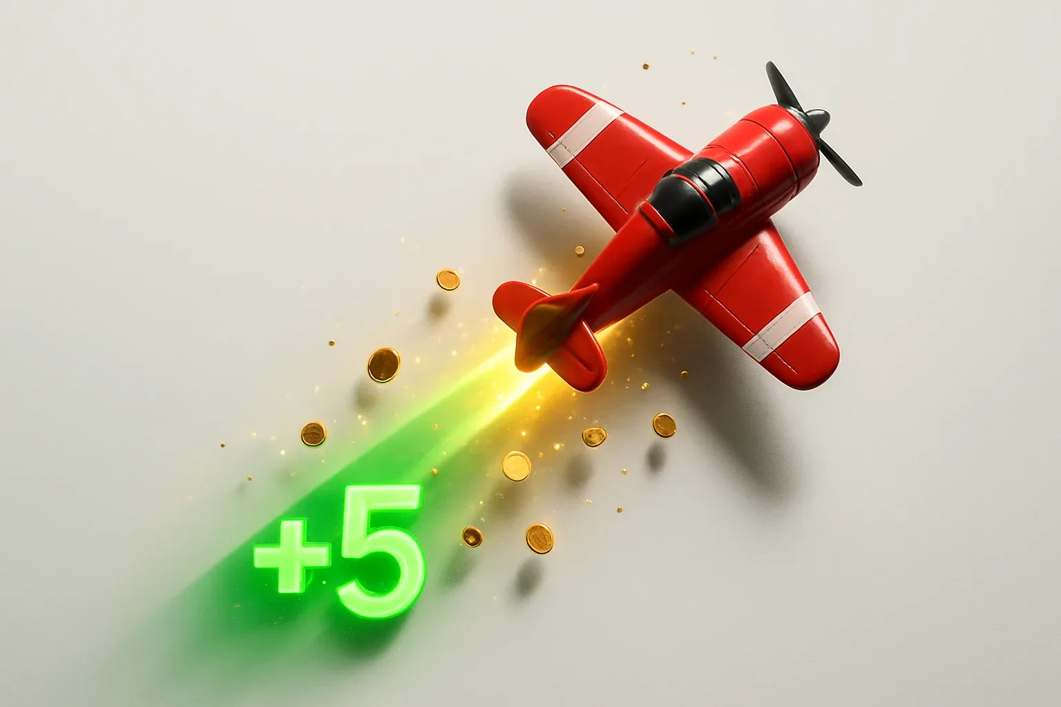 Aviator Crash Scene Red airplane climbing with glowing multiplier trail, coins, and sparks