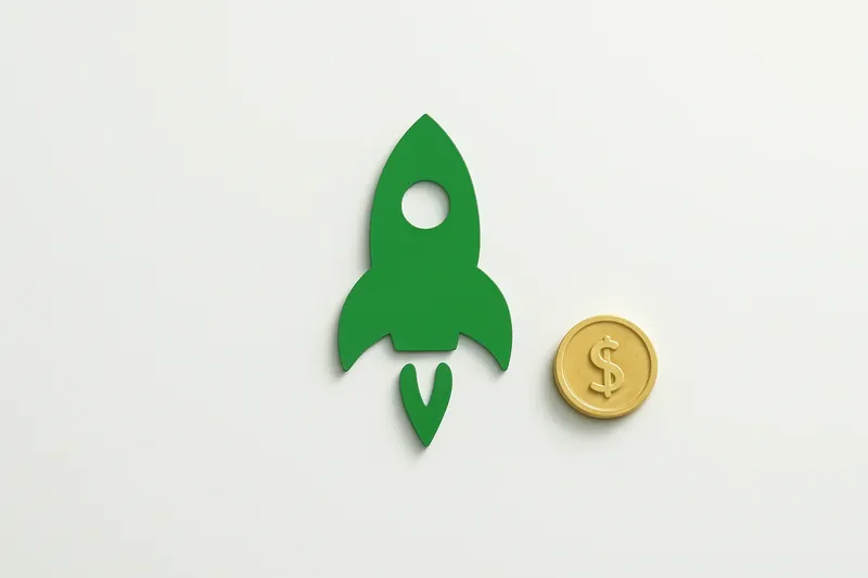 Minimalist rocket icon with gold coin on white background