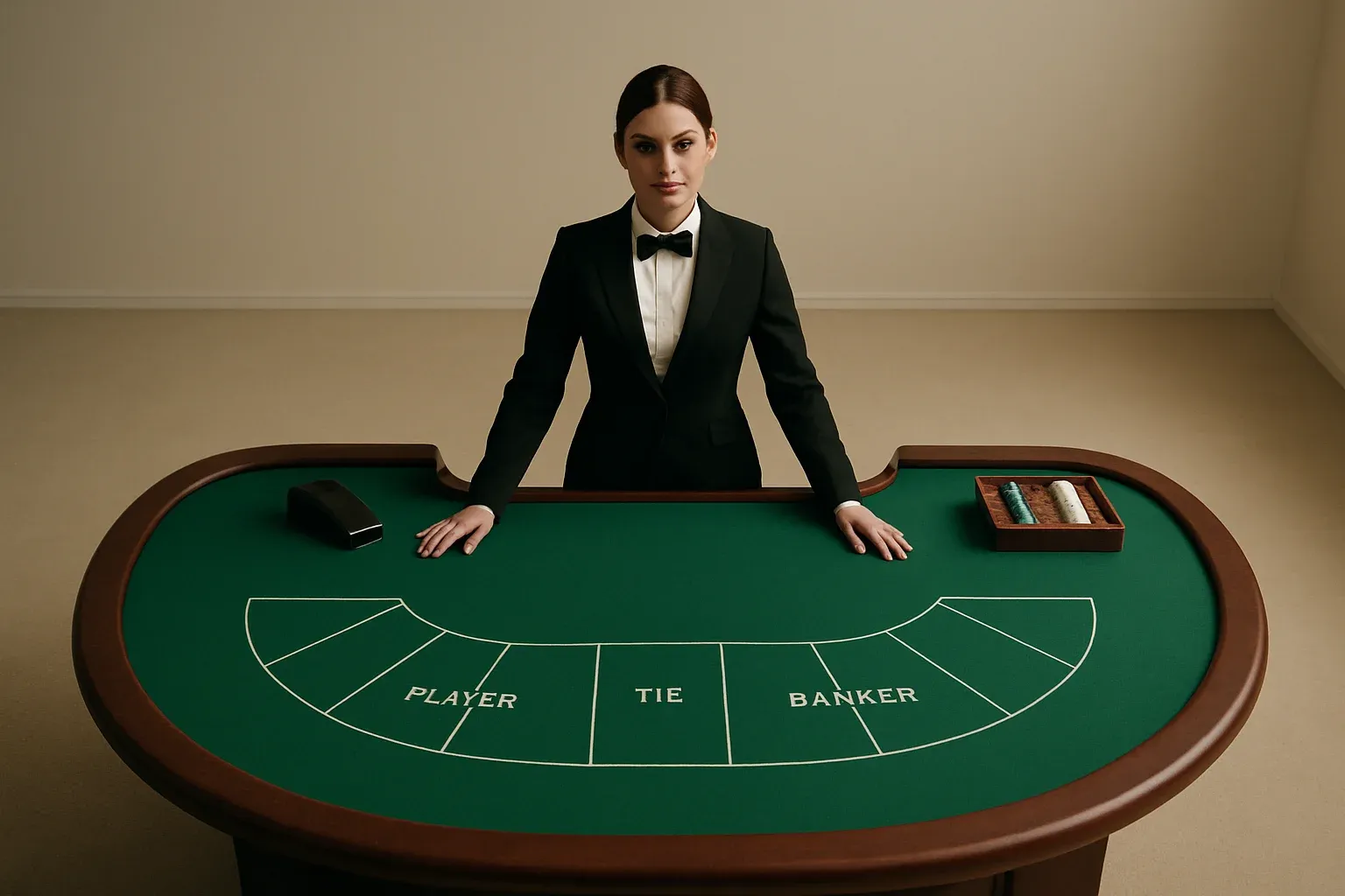Live Dealer Baccarat Professional female dealer at elegant live baccarat table in casino