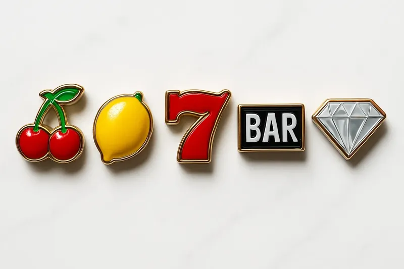 Five polished slot symbols in a neat row on white marble