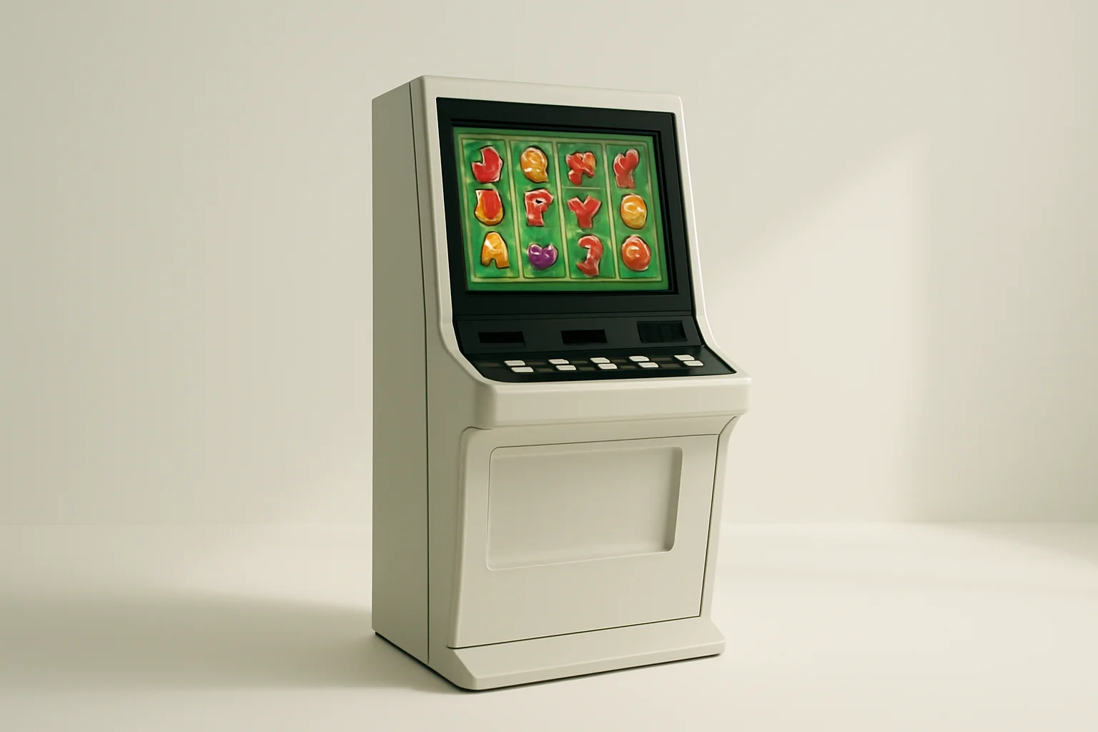 Studio Slot Machine White studio shot of angled slot machine with vibrant game screen